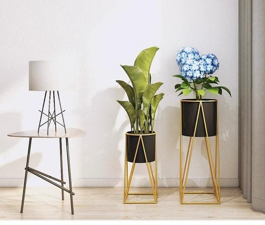 2-Piece Modern Metal Plant Stand Set – Matte Black Pots with Gold Geometric Frames